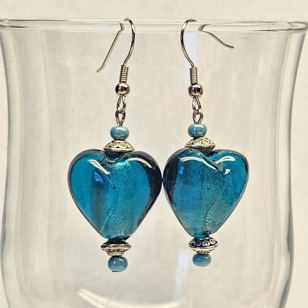 Teal Hearts Lampwork Glass Beaded Earrings